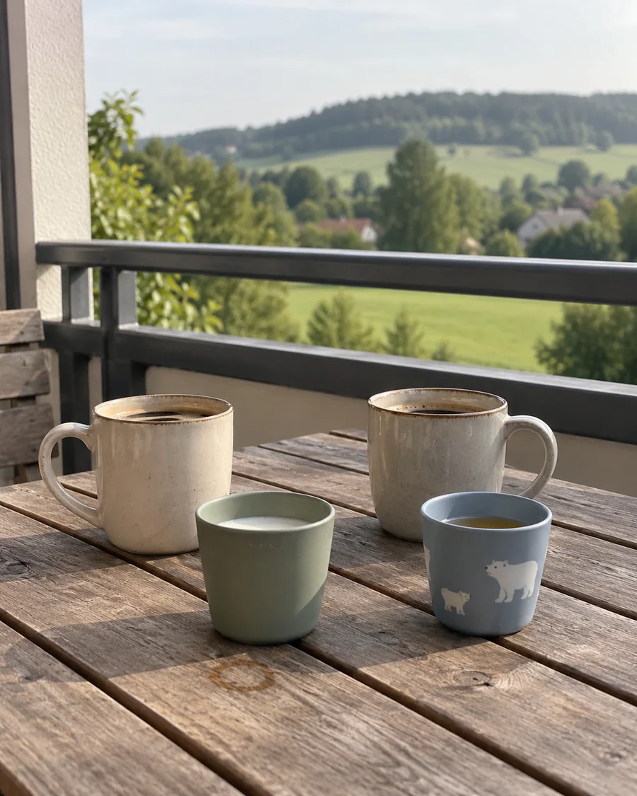 Zwei Kaffeetassen und zwei Kinderbecher auf einem Balkontisch mit Blick ins Grüne