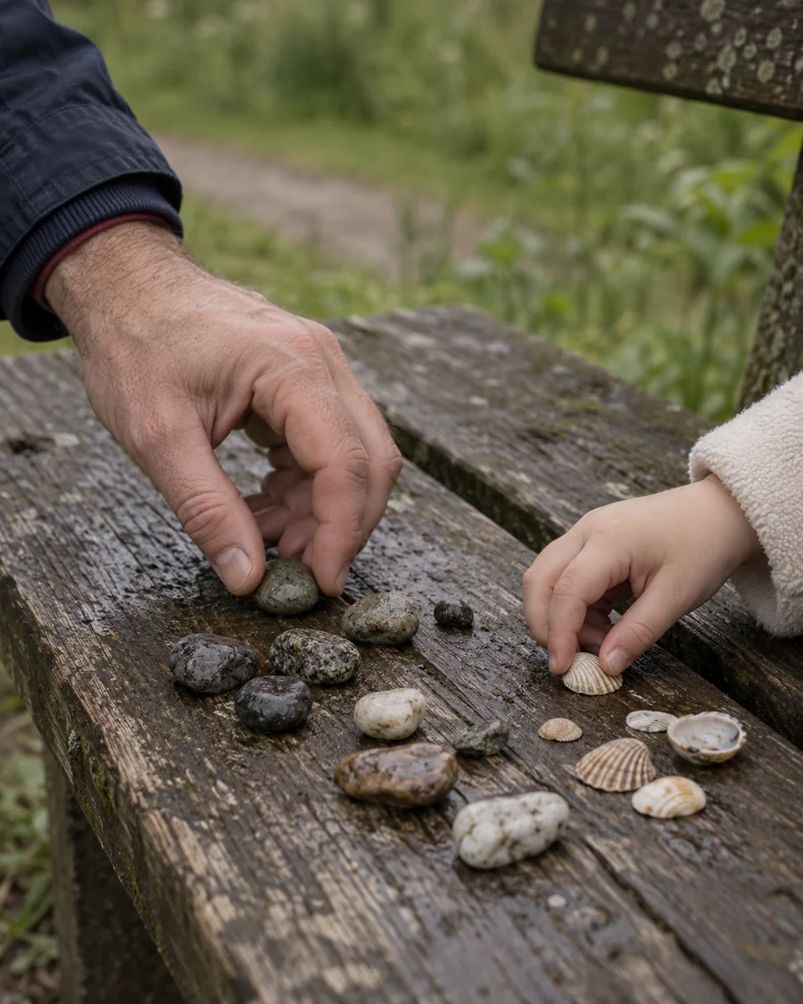 Eine große und eine kleine Hand sortieren Steine und Muscheln auf einer Holzbank