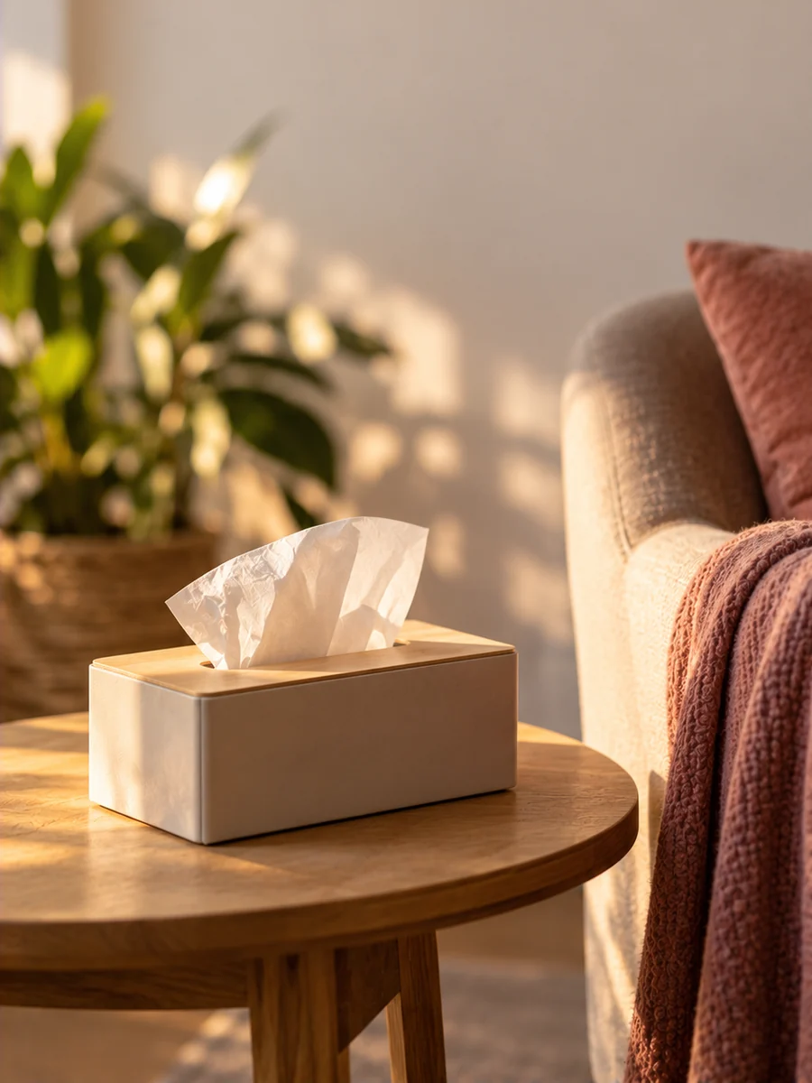 Beistelltisch mit Taschentüchern neben einem Sofa